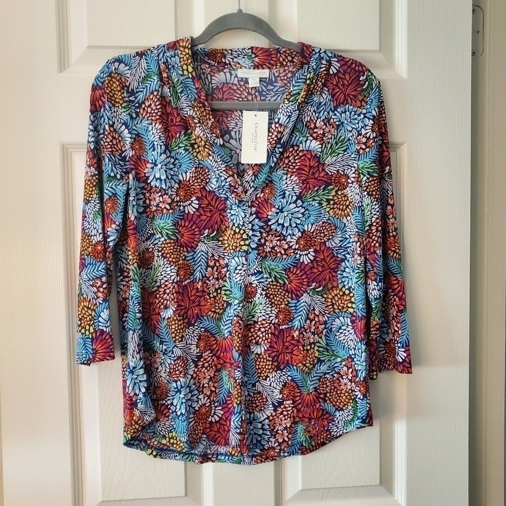 Charter Club Women's Petite Light Blue MultiColor Top Sz PM